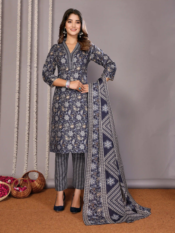 Elegant Navy Blue Salwar Suit | Foil Printed Designer Readymade Outfit