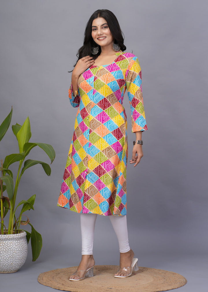 Multicolor Rayon Kurti | Designer Printed Long Kurti for Festive Wear