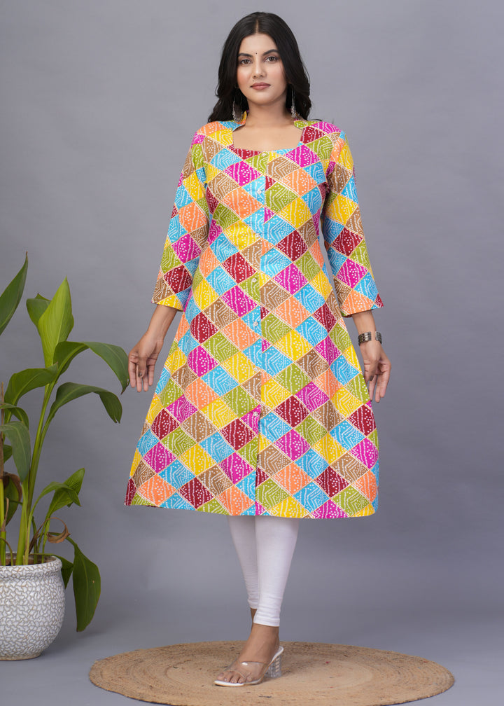 Multicolor Rayon Kurti | Designer Printed Long Kurti for Festive Wear