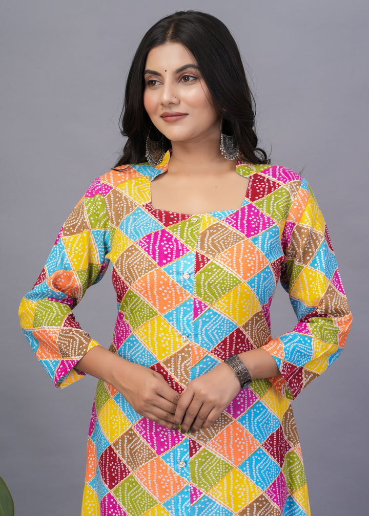 Multicolor Rayon Kurti | Designer Printed Long Kurti for Festive Wear