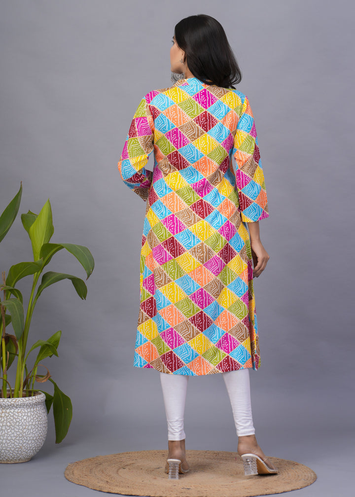 Multicolor Rayon Kurti | Designer Printed Long Kurti for Festive Wear