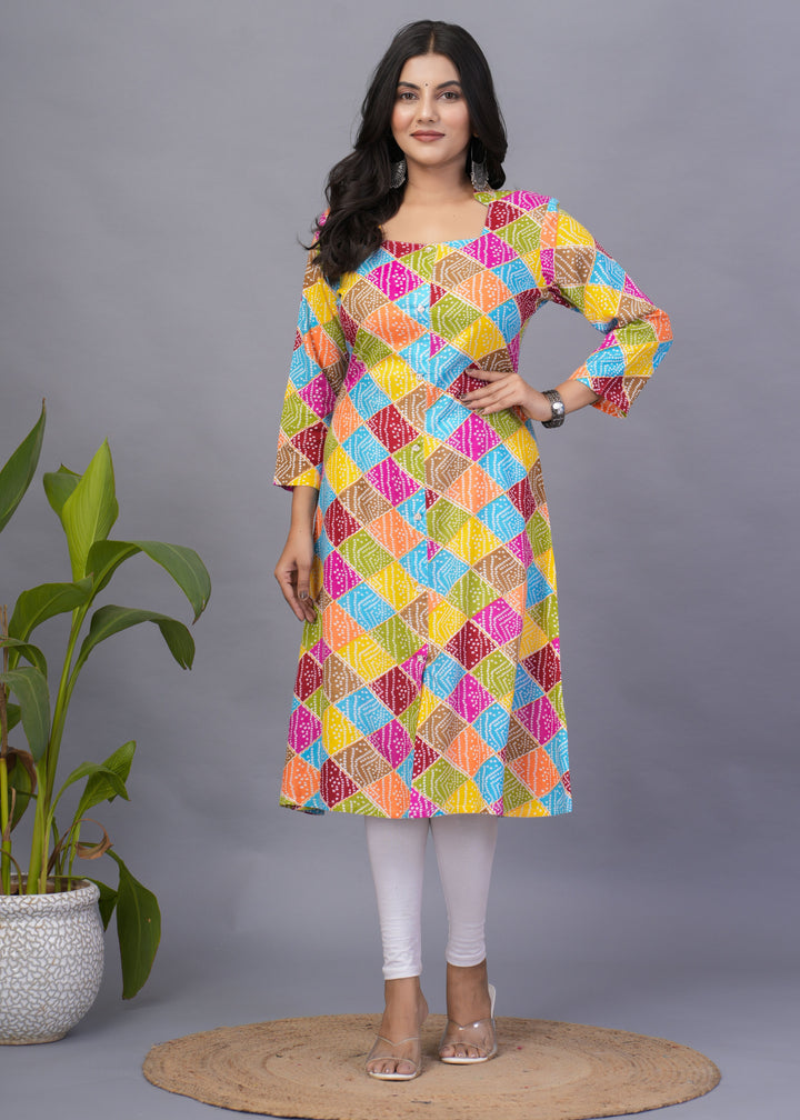 Multicolor Rayon Kurti | Designer Printed Long Kurti for Festive Wear