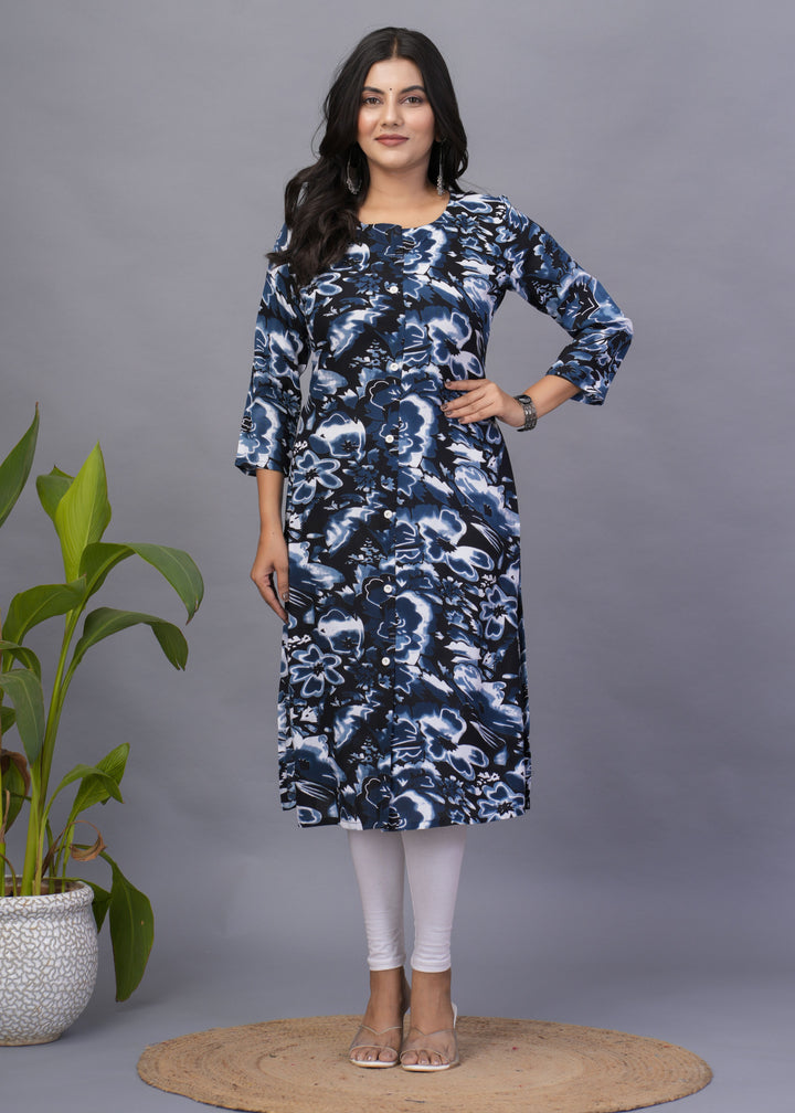 Stylish Readymade Kurti | Teal Blue Designer Print Rayon Kurti for Casual Wear