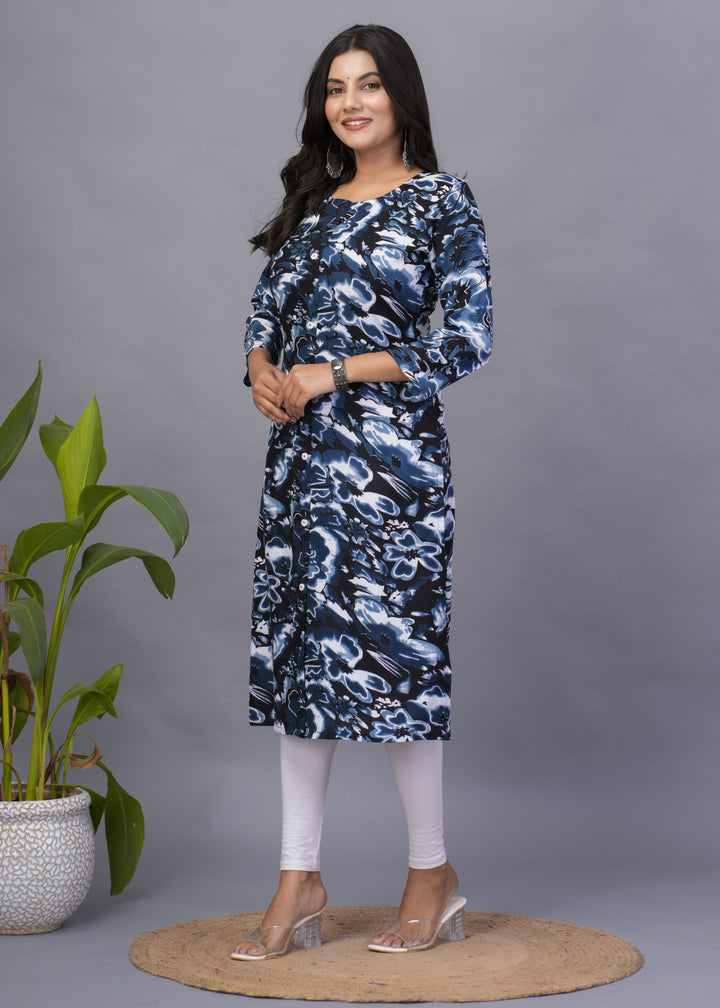 Stylish Readymade Kurti | Teal Blue Designer Print Rayon Kurti for Casual Wear