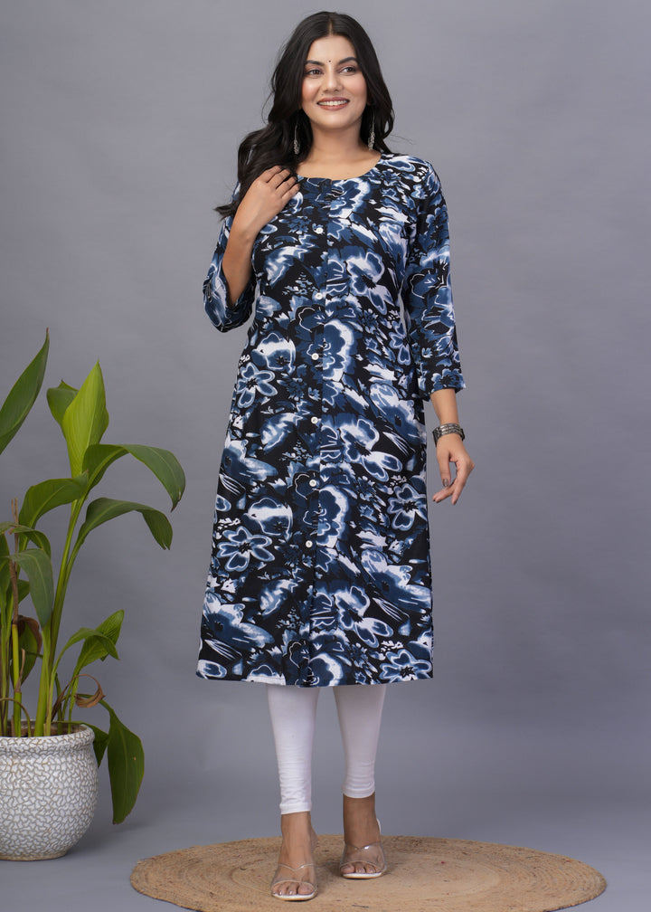 Stylish Readymade Kurti | Teal Blue Designer Print Rayon Kurti for Casual Wear