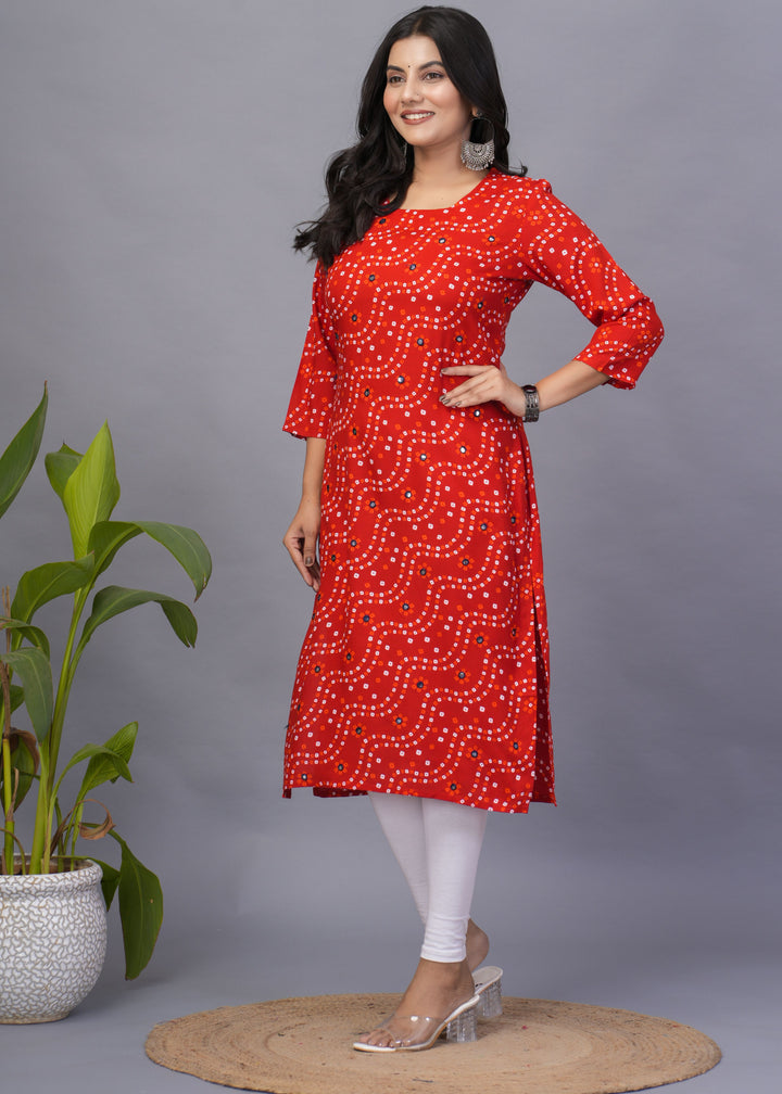 Orange Rayon Kurti | Designer Printed Readymade Long Kurti for Women
