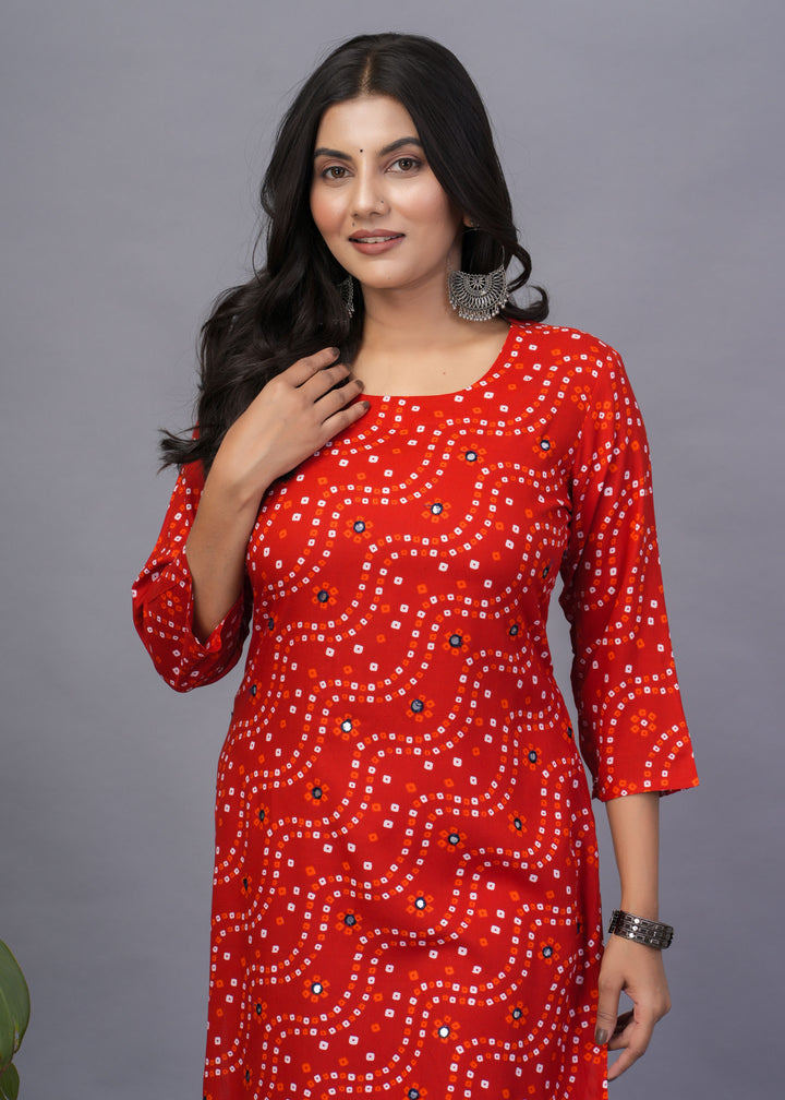 Orange Rayon Kurti | Designer Printed Readymade Long Kurti for Women