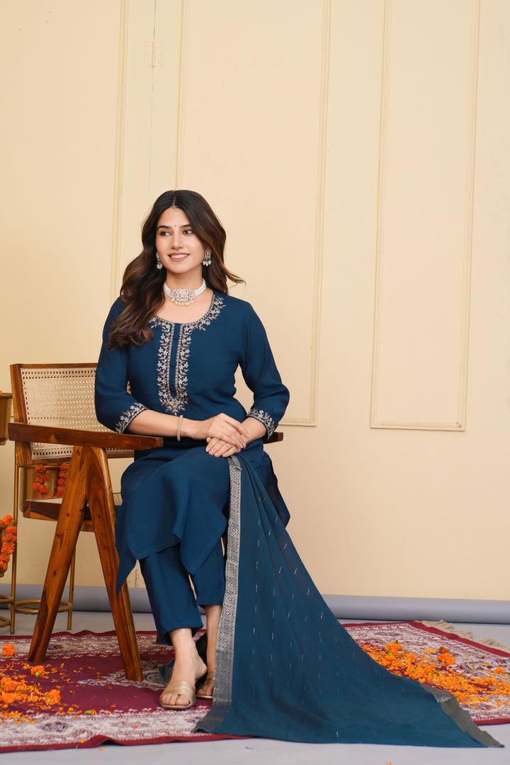 Stylish Embroidered Salwar Suit | Navy Blue with Elegant Dupatta