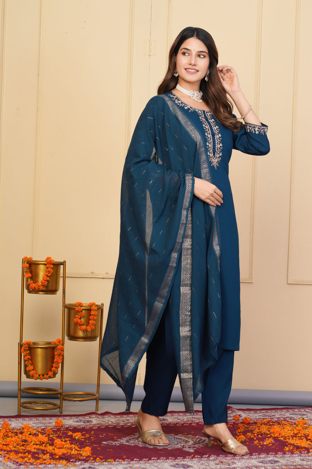 Stylish Embroidered Salwar Suit | Navy Blue with Elegant Dupatta