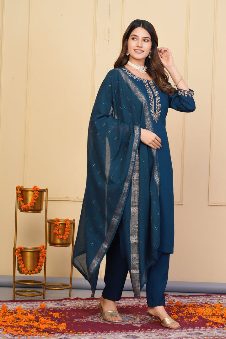 Stylish Embroidered Salwar Suit | Navy Blue with Elegant Dupatta