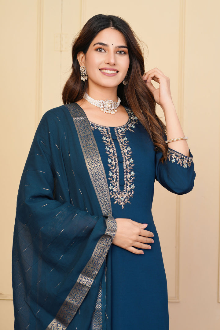 Stylish Embroidered Salwar Suit | Navy Blue with Elegant Dupatta