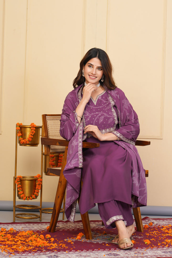 Dark Lavender Exclusive Ethnic Outfit | Viscose Chanderi Suit with Elegant Dupatta