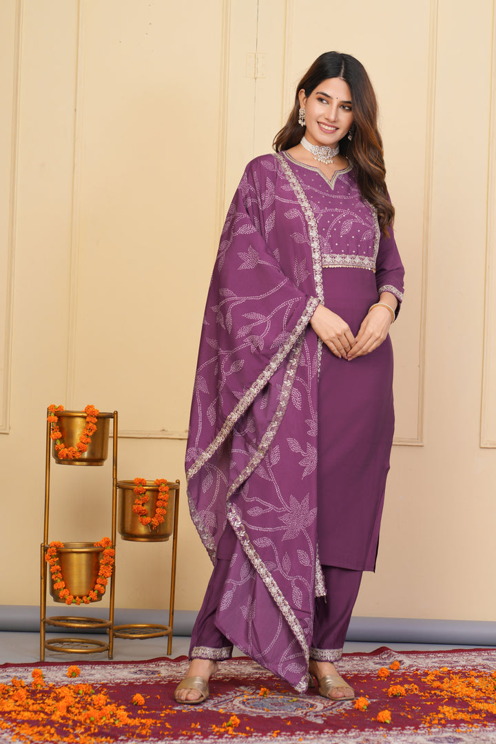 Dark Lavender Exclusive Ethnic Outfit | Viscose Chanderi Suit with Elegant Dupatta