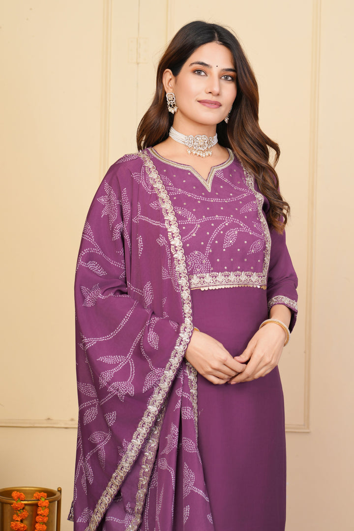 Dark Lavender Exclusive Ethnic Outfit | Viscose Chanderi Suit with Elegant Dupatta