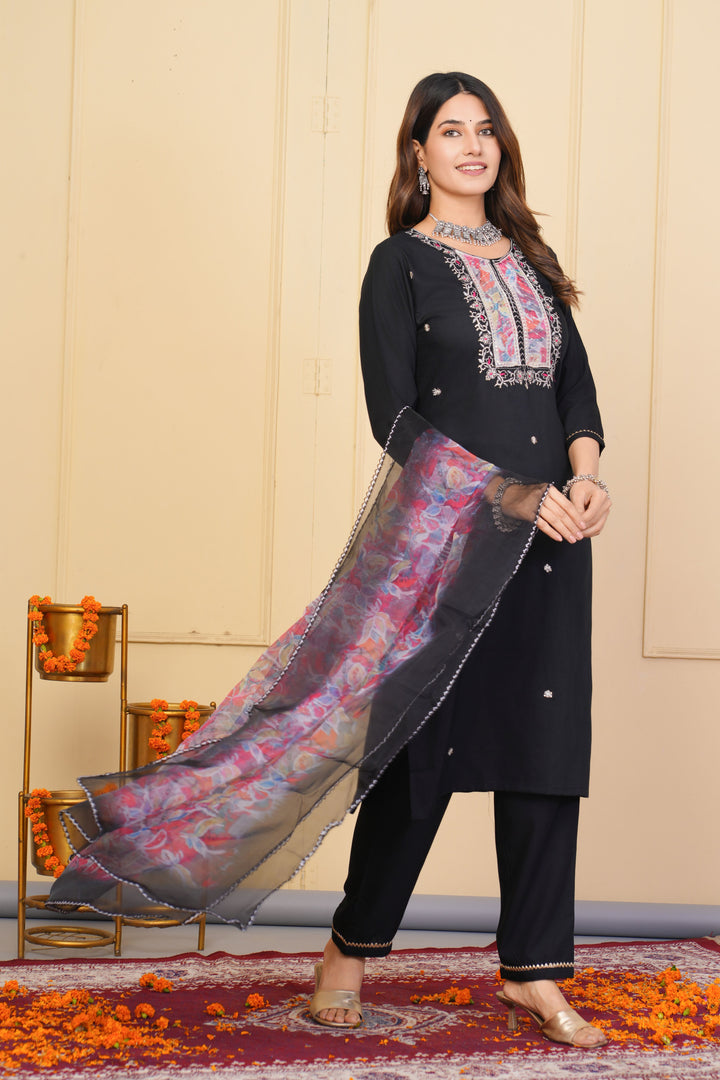 Black Rayon Slub Salwar Suit | Designer Embroidered & Organza Dupatta