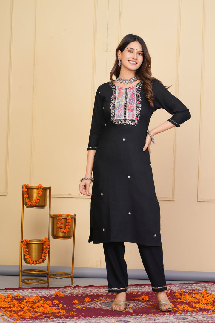 Black Rayon Slub Salwar Suit | Designer Embroidered & Organza Dupatta