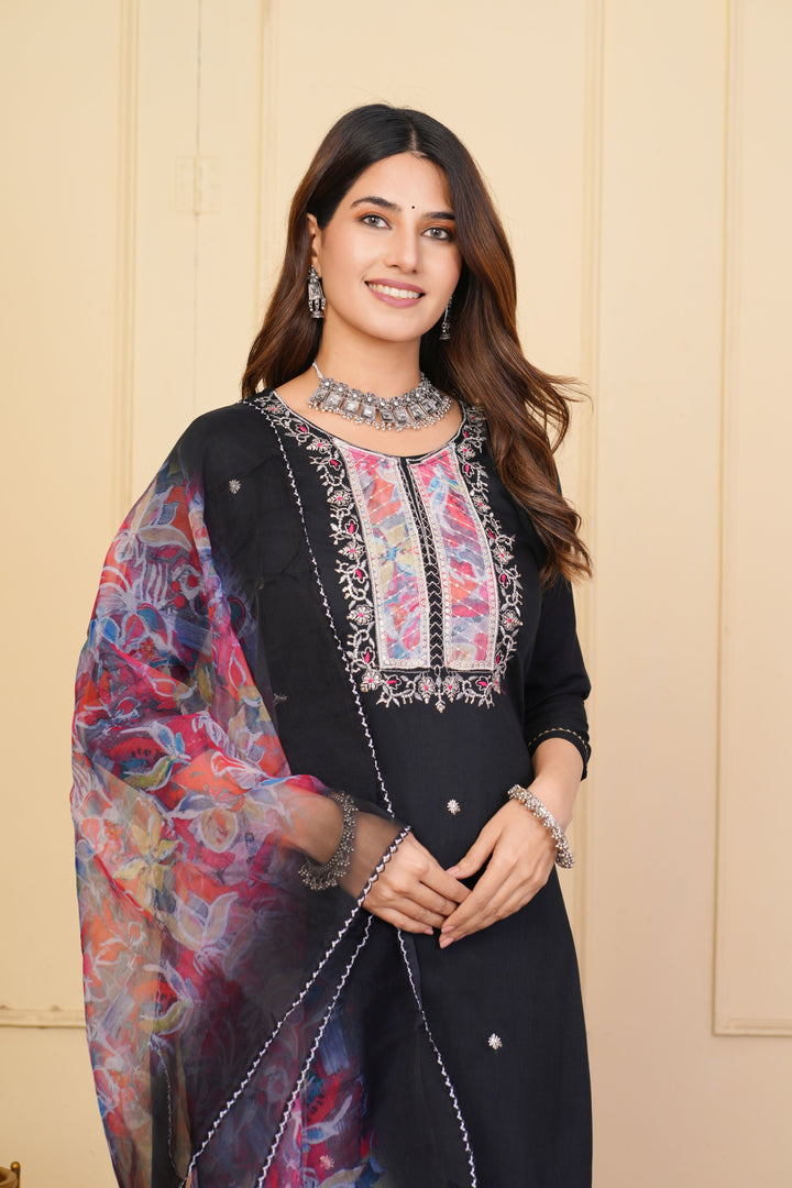 Black Rayon Slub Salwar Suit | Designer Embroidered & Organza Dupatta