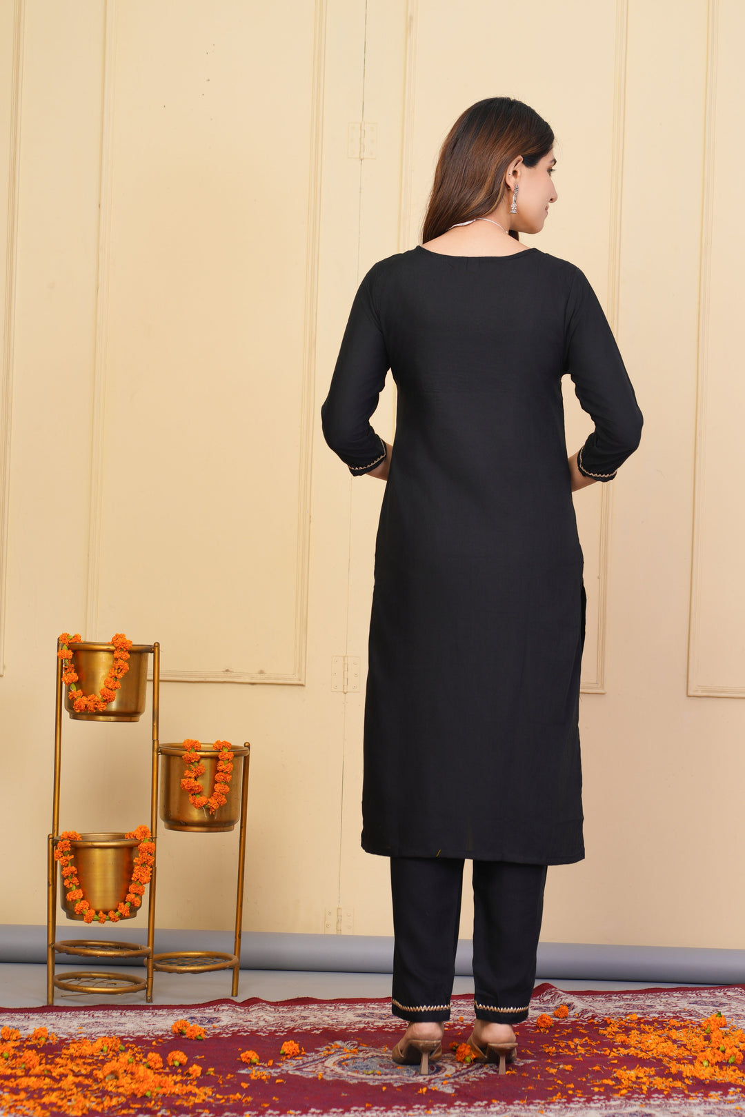 Black Rayon Slub Salwar Suit | Designer Embroidered & Organza Dupatta
