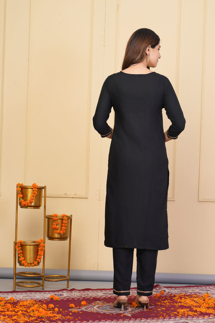 Black Rayon Slub Salwar Suit | Designer Embroidered & Organza Dupatta