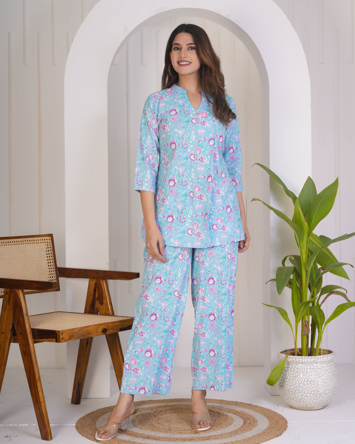 Sky Blue Designer Printed Co-ord Set | Perfect for Casual & Party Wear
