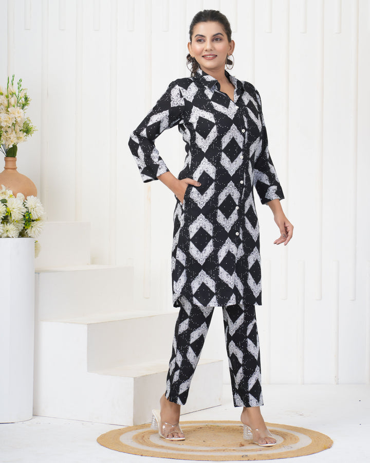 Black Rayon Co-Ord Set | Designer Printed Stylish & Elegant Outfit