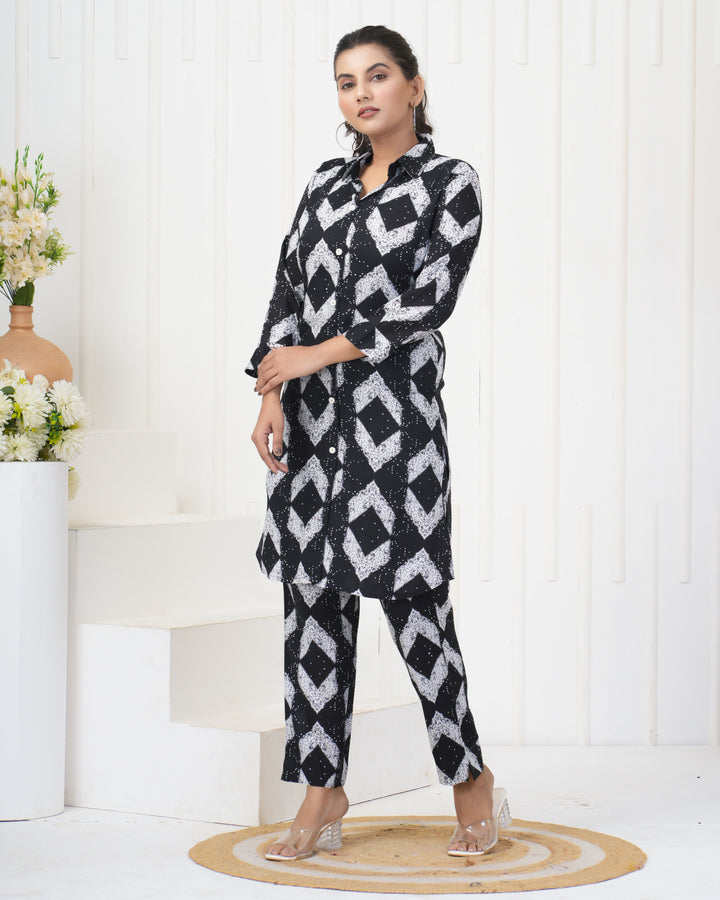 Black Rayon Co-Ord Set | Designer Printed Stylish & Elegant Outfit
