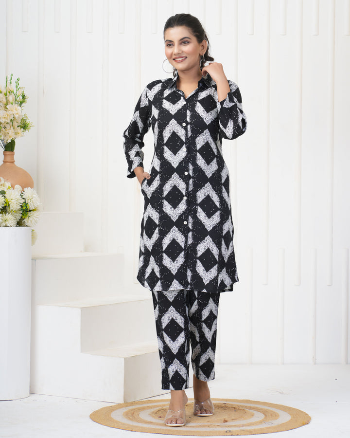 Black Rayon Co-Ord Set | Designer Printed Stylish & Elegant Outfit