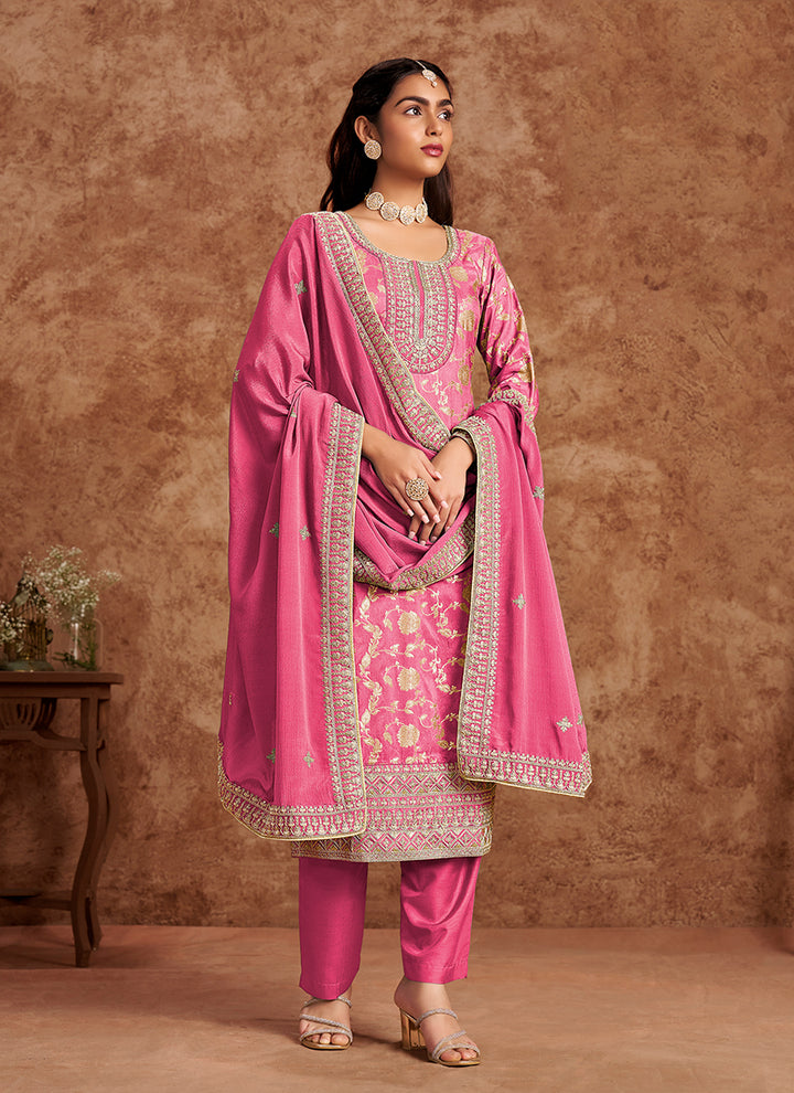 Dola Silk Salwar Suit | Chinon Dupatta with Santoon Bottom & Embroidery