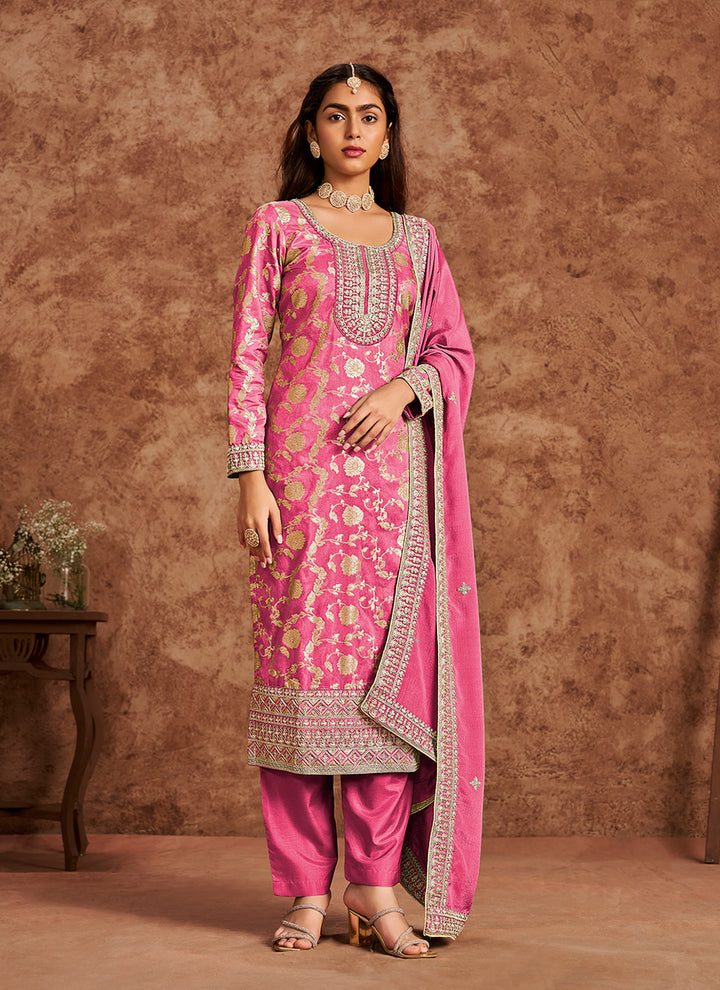 Dola Silk Salwar Suit | Chinon Dupatta with Santoon Bottom & Embroidery