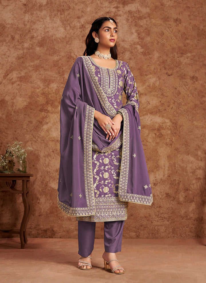 Dola Silk Salwar Suit | Chinon Dupatta with Santoon Bottom & Embroidery