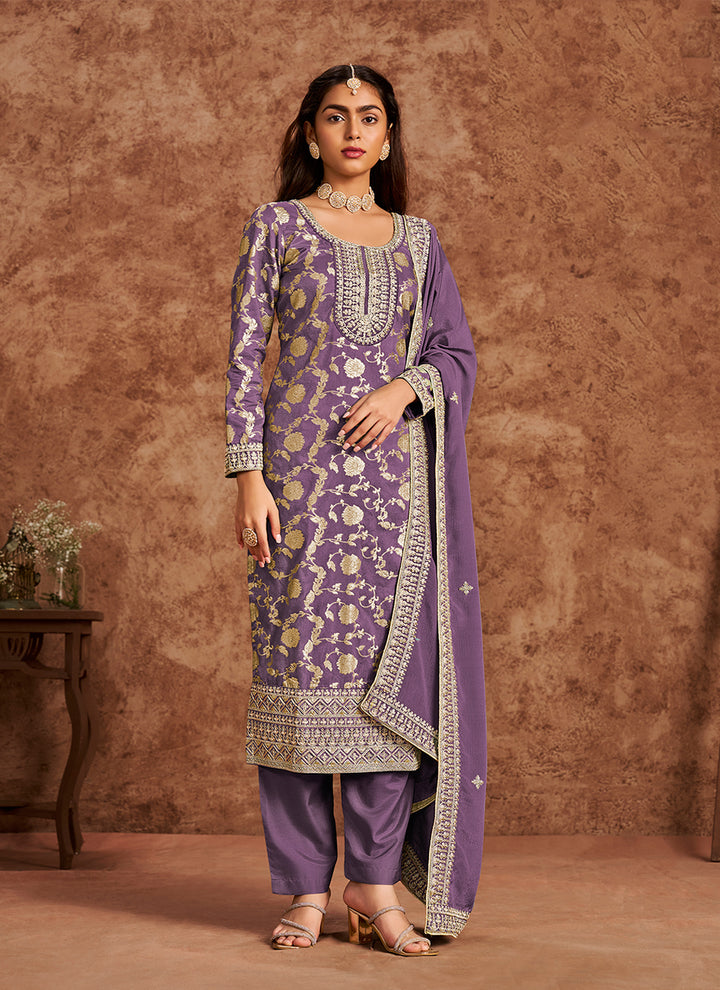 Dola Silk Salwar Suit | Chinon Dupatta with Santoon Bottom & Embroidery