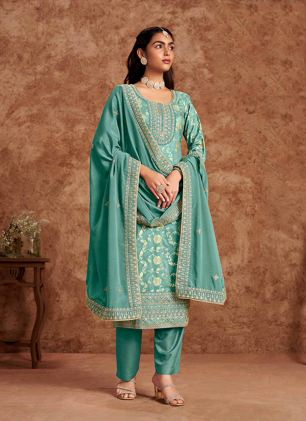 Dola Silk Salwar Suit | Chinon Dupatta with Santoon Bottom & Embroidery
