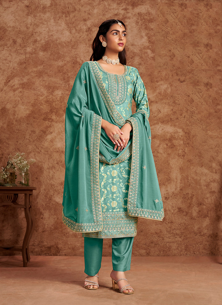 Dola Silk Salwar Suit | Chinon Dupatta with Santoon Bottom & Embroidery