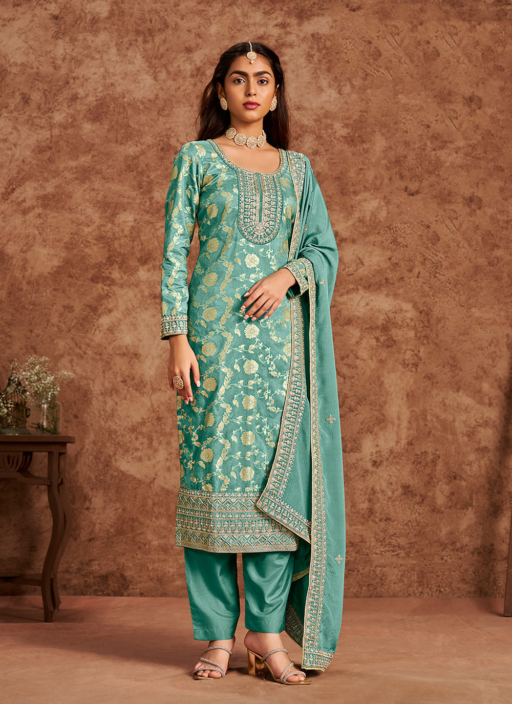 Dola Silk Salwar Suit | Chinon Dupatta with Santoon Bottom & Embroidery