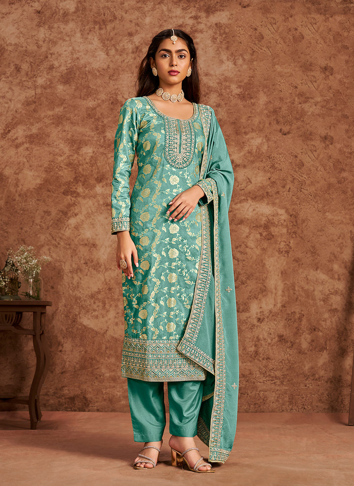 Dola Silk Salwar Suit | Chinon Dupatta with Santoon Bottom & Embroidery