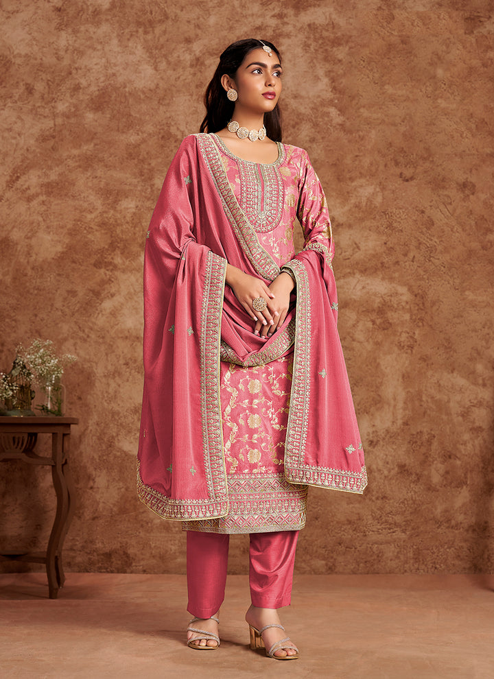 Dola Silk Salwar Suit | Chinon Dupatta with Santoon Bottom & Embroidery