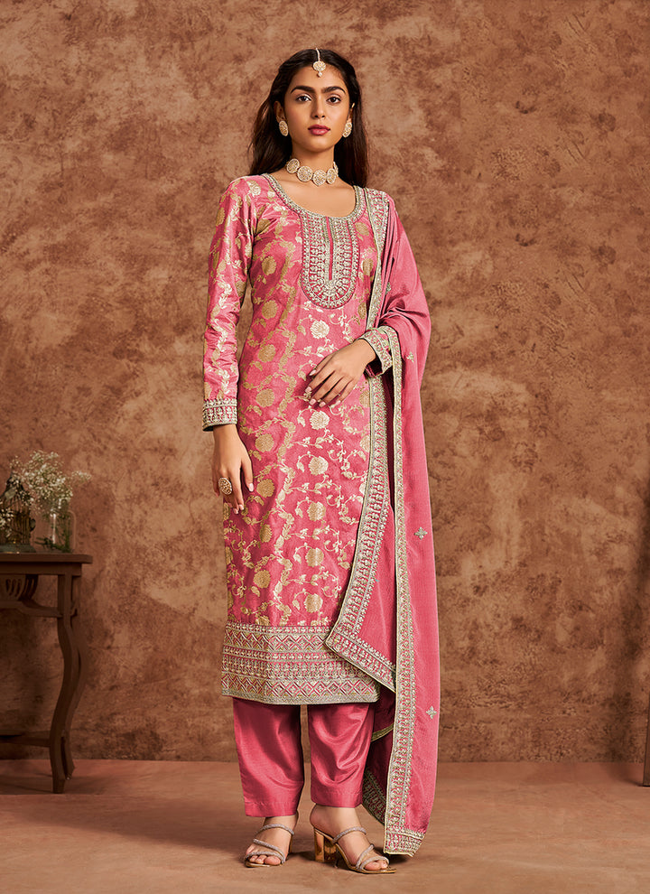 Dola Silk Salwar Suit | Chinon Dupatta with Santoon Bottom & Embroidery
