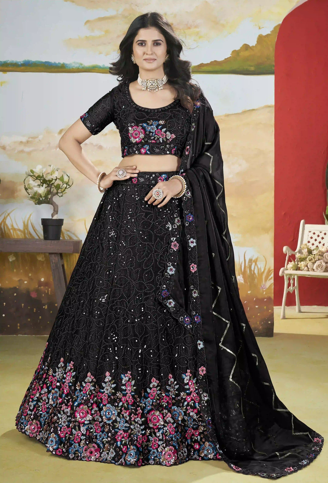 Designer Chinon Lehenga Choli | Sequin & Thread Embroidery Wedding Collection
