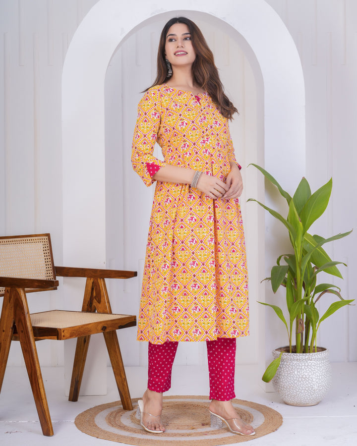 Mustard & Pink Cotton Kurti Set | Designer Printed Ethnic Wear