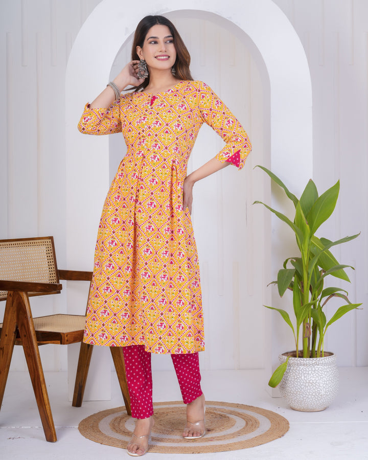 Mustard & Pink Cotton Kurti Set | Designer Printed Ethnic Wear
