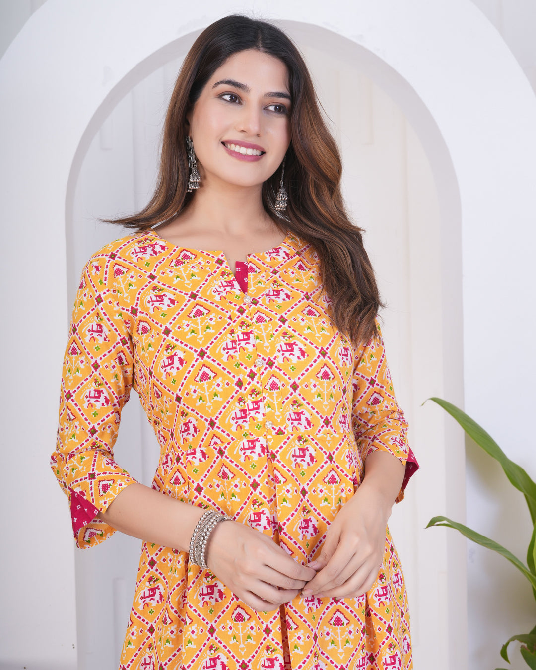 Mustard & Pink Cotton Kurti Set | Designer Printed Ethnic Wear