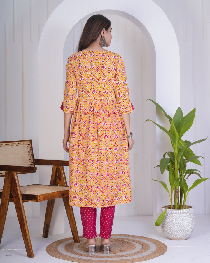 Mustard & Pink Cotton Kurti Set | Designer Printed Ethnic Wear