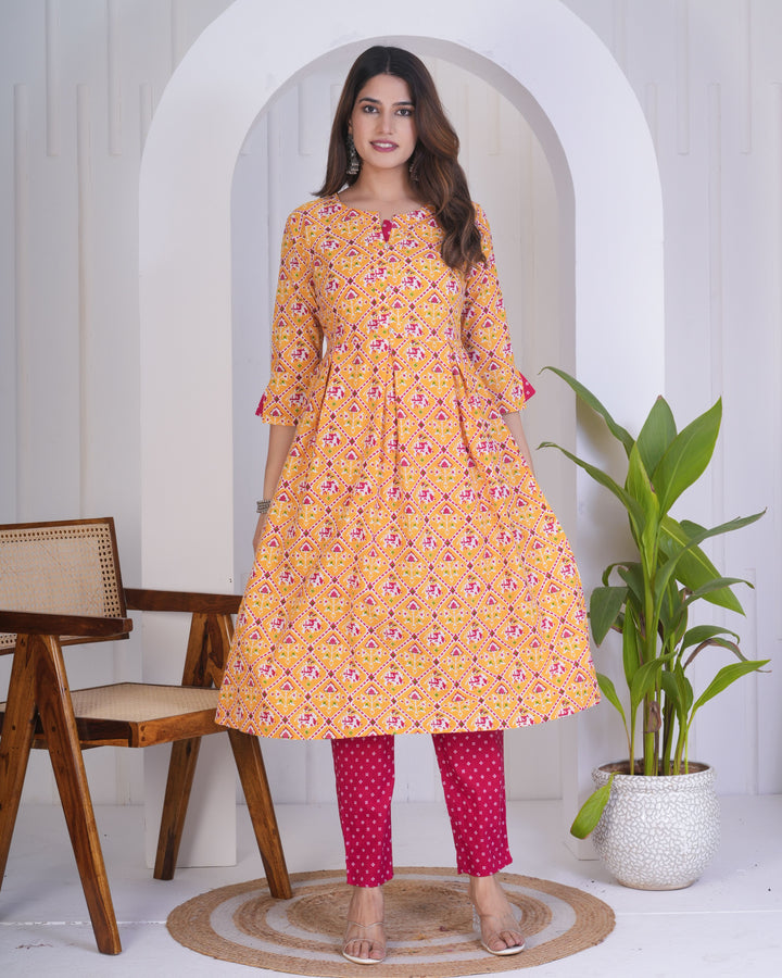 Mustard & Pink Cotton Kurti Set | Designer Printed Ethnic Wear