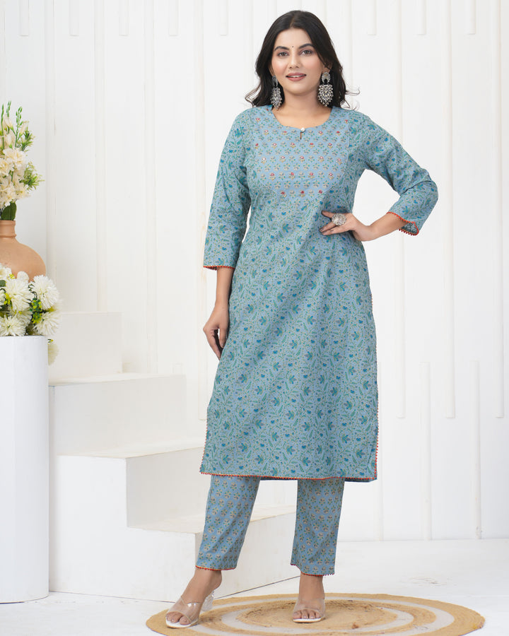 Stylish Sea Blue Kurti & Bottom Set | Cotton Fabric Festive & Casual Wear