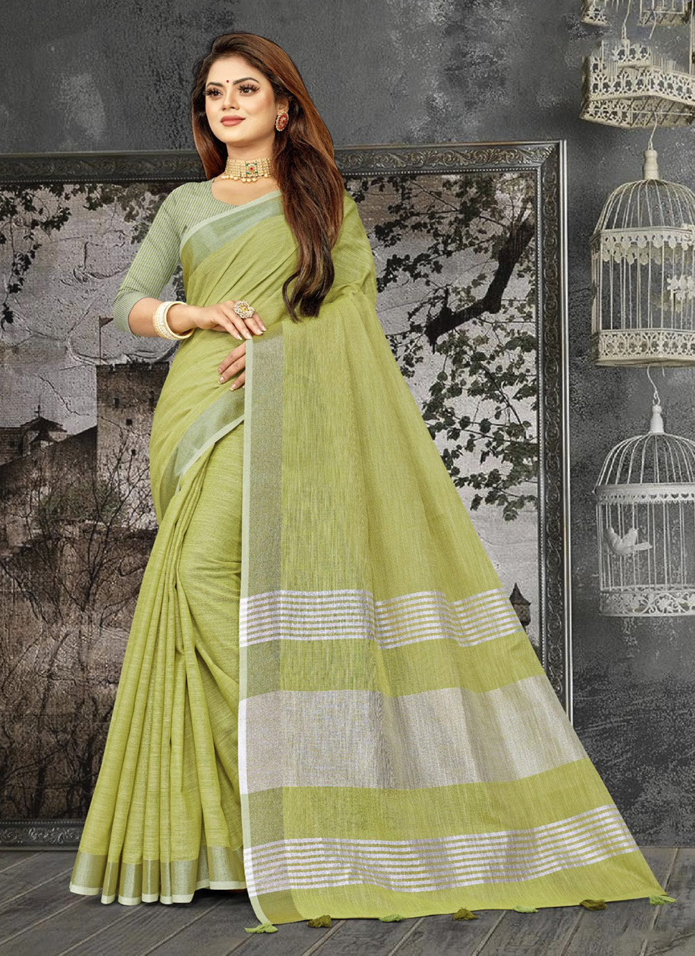 Ethnic Charm Linen Saree | Elegant Wevon Designer Embellishment