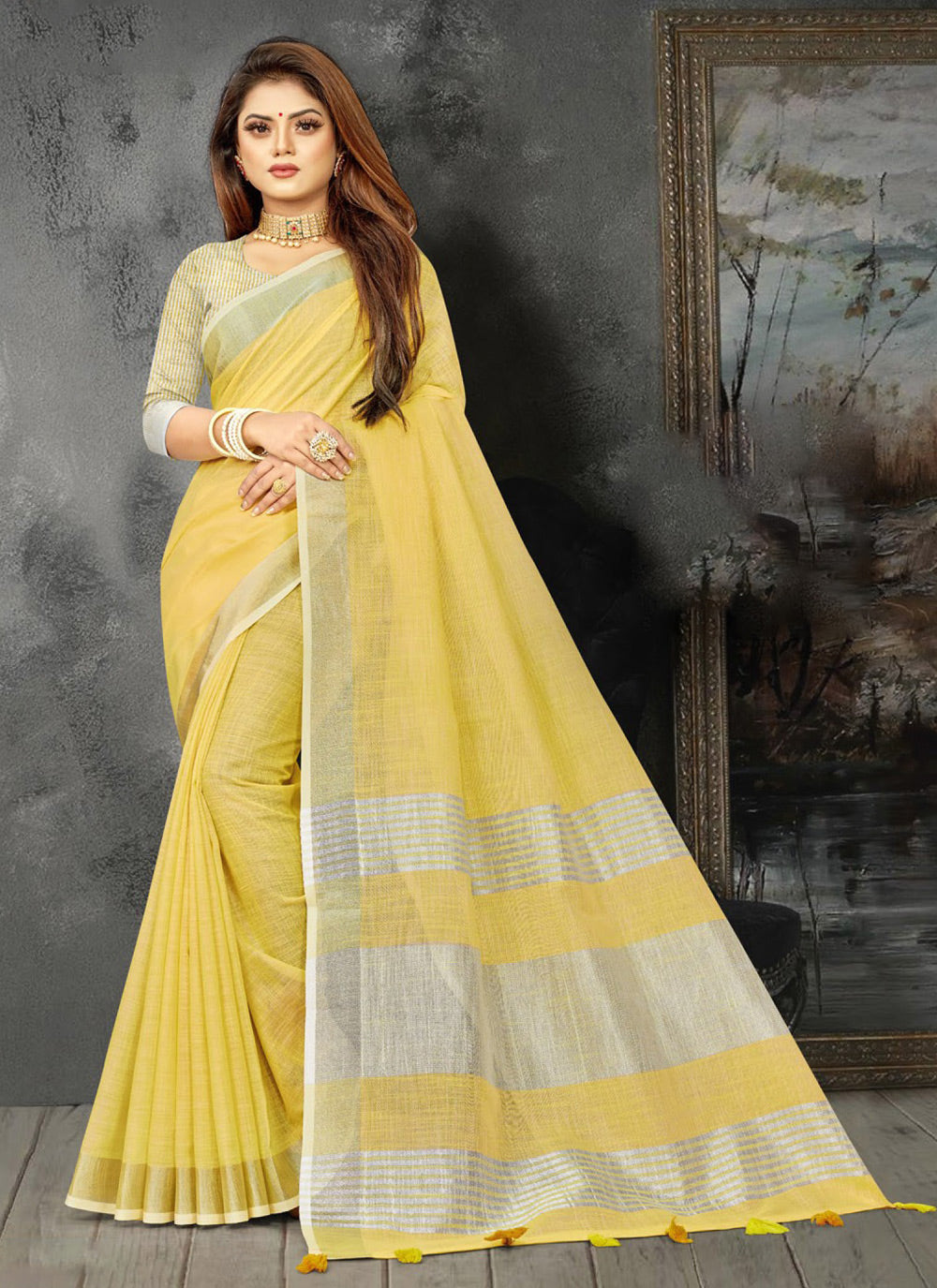Ethnic Charm Linen Saree | Elegant Wevon Designer Embellishment