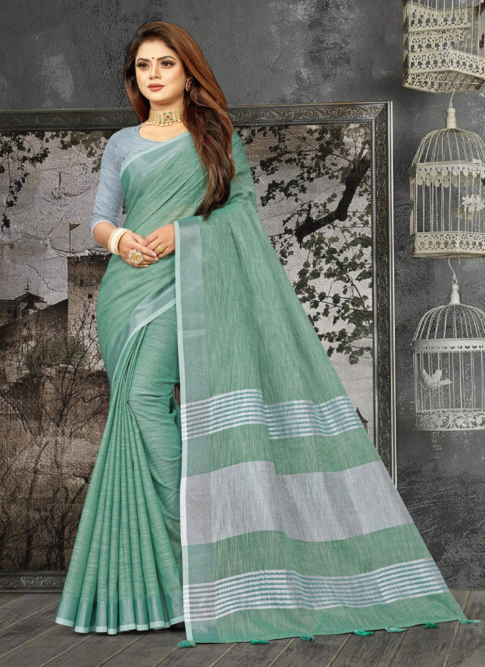 Ethnic Charm Linen Saree | Elegant Wevon Designer Embellishment