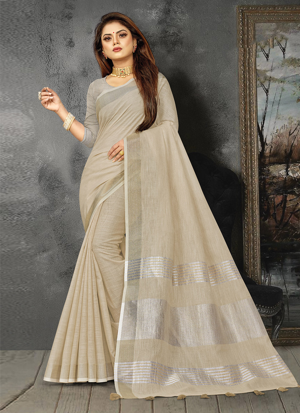 Ethnic Charm Linen Saree | Elegant Wevon Designer Embellishment