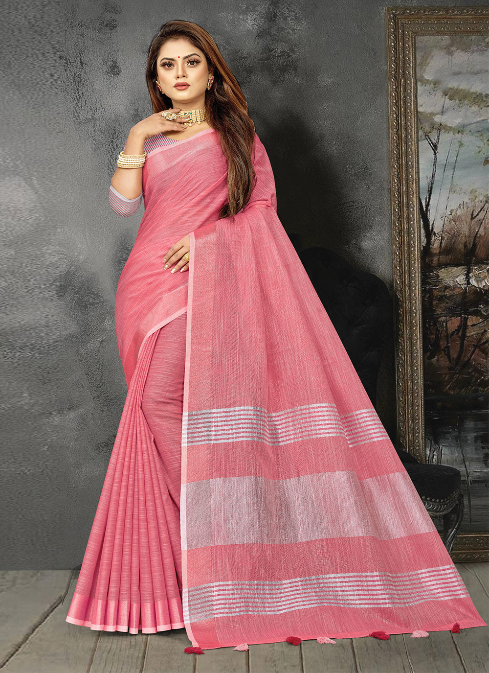 Ethnic Charm Linen Saree | Elegant Wevon Designer Embellishment