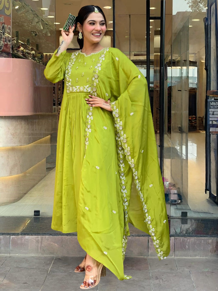 Beautiful Pista Green Salwar Suit | Designer Embroidery Chinon & Rayon Fabric